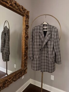 Free People Plaid Double-Breasted Blazer in Gray and Black